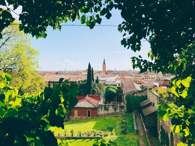 Campagna di Verona, giardini, tetti e piante.