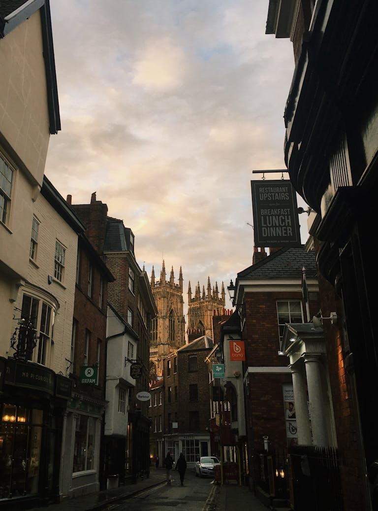 Distant view of York Minster at sunset