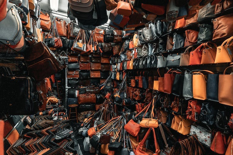 Leather bags at a market in Venice