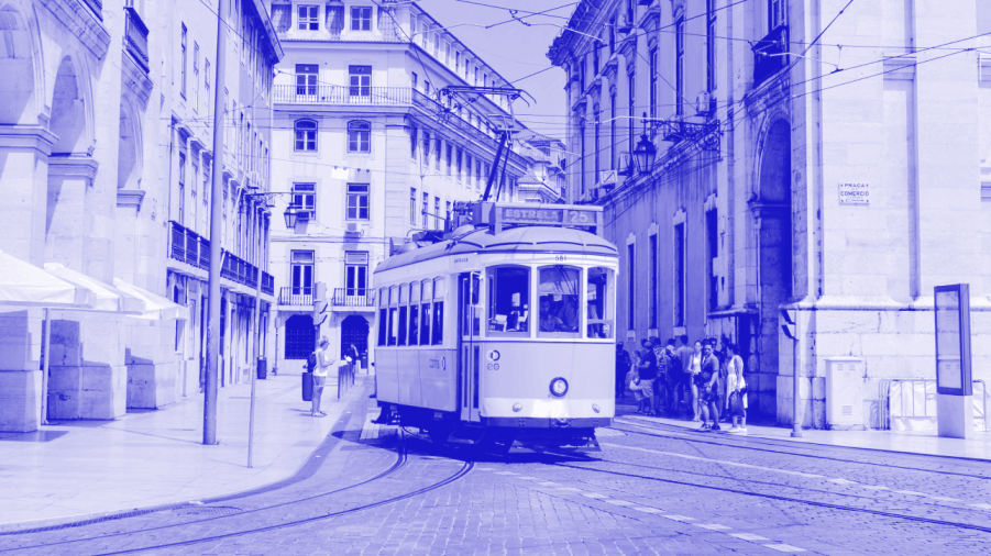A tram driving through Lisbon